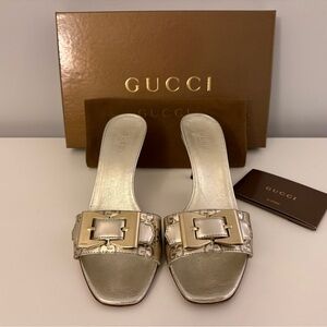 Authentic Gucci Vernice Horsebit Bow High Heel Mules in metallic gold, Size 6.5